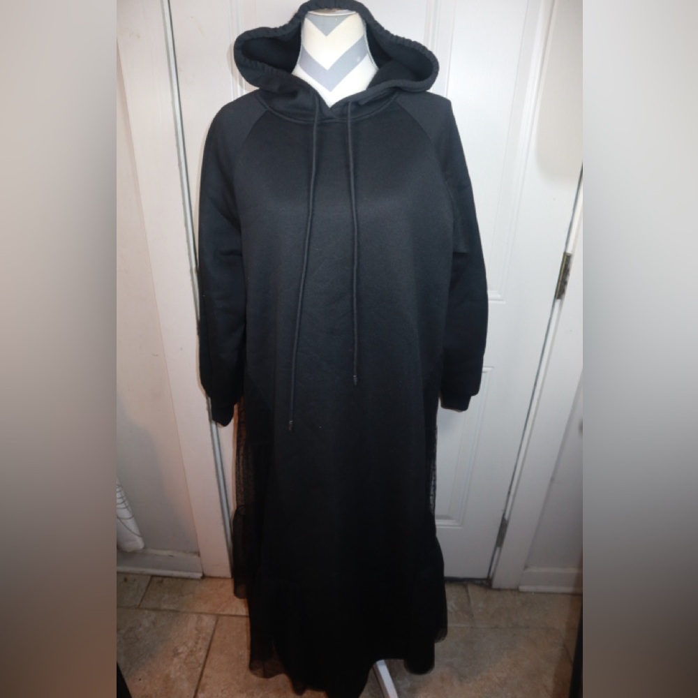 SHEIN Dobby Mesh Insert Drawstring Hoodie Dress SIZE MEDIUM